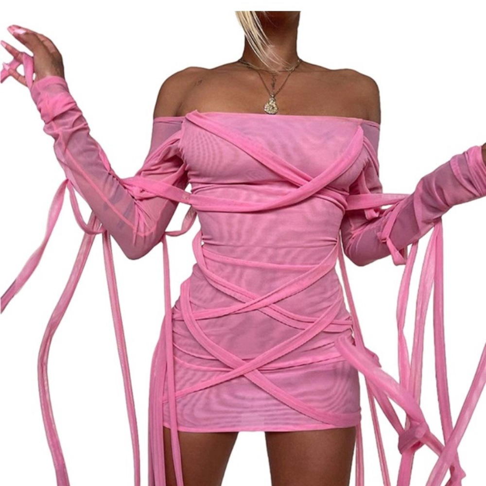 Off shoulder tassel bubblegum pink mesh dress